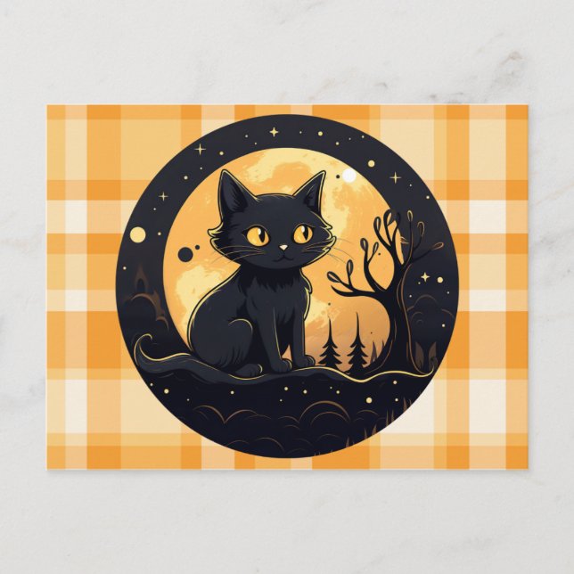 Postal Festiva Cortar Naranja de gato negro y Halloween blanco (Anverso)