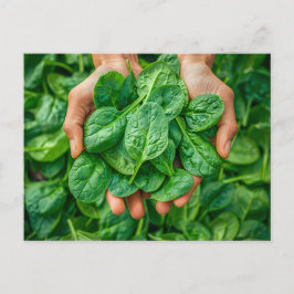 Postal Festiva Cosecha de espinacas fresca en manos