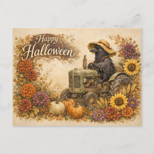 Postal Festiva Cosecha de Halloween de Cuervo Tractor Vintage