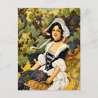 Postal Festiva Cosecha de viñedo vintage con chica y cesta de uva
