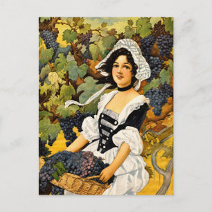 Postal Festiva Cosecha de viñedo vintage niña con cesta de uvas