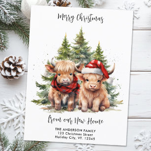 Postal Festiva Cosy Highland Cow Nueva dirección Navidades en mov