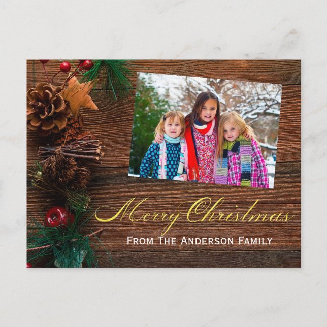 Postal Festiva Country Rustic Wood Merry Christmas Photo (Anverso)