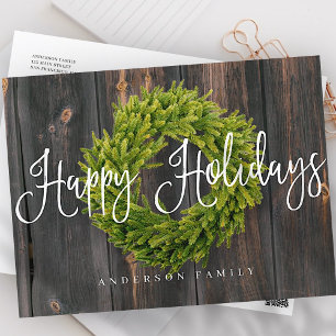 Postal Festiva Country Rustic Wood Wreath Feliz Saludo de las Fie