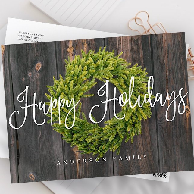 Postal Festiva Country Rustic Wood Wreath Feliz Saludo de las Fie (Subido por el creador)