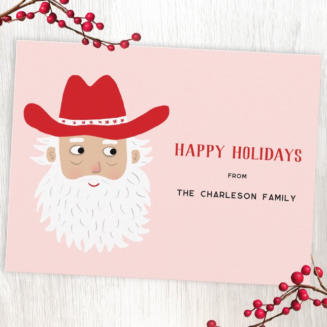 Postal Festiva Cowboy Santa Claus Christmas Pink (Fun Cowboy Santa Claus Western Christmas custom text personalized holiday postcard)