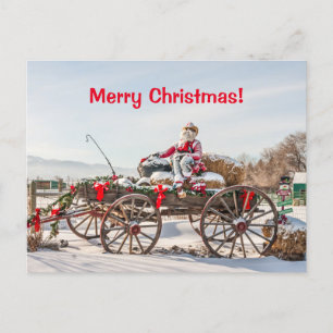 Postal Festiva Cowboy Santa - Wagon con Hay Bales