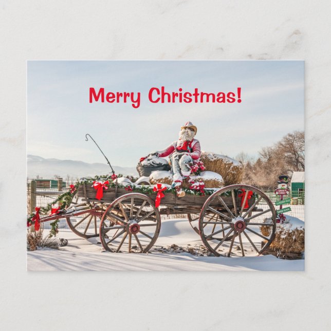 Postal Festiva Cowboy Santa - Wagon con Hay Bales (Anverso)