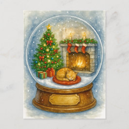 Postal Festiva Cozy Cat Fireplace Christmas Snow Globe Postcard