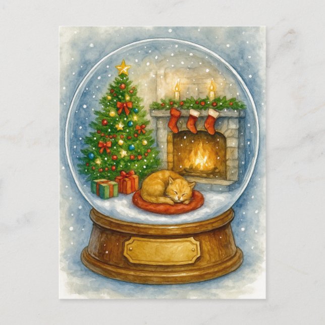 Postal Festiva Cozy Cat Fireplace Christmas Snow Globe Postcard (Anverso)