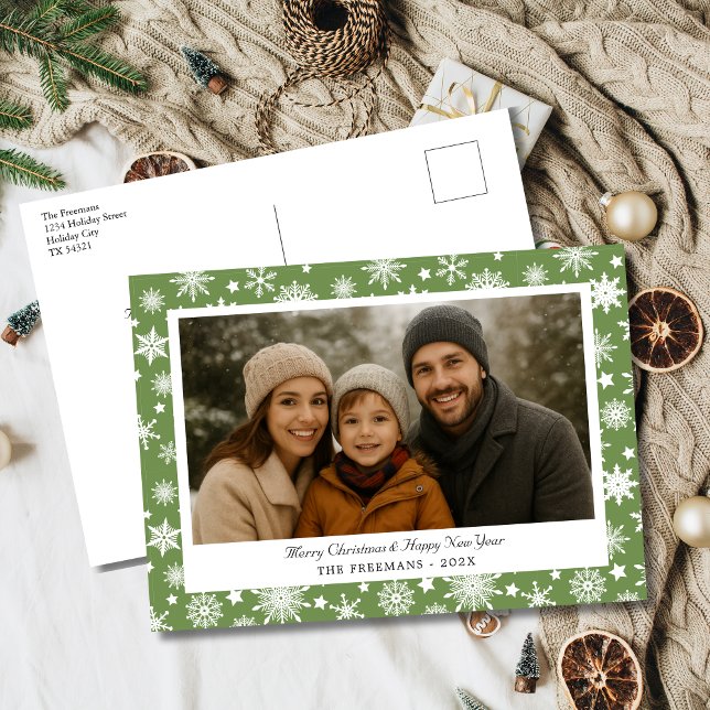 Postal Festiva Cozy Green & White Snowflake Holiday Photo (Cozy elegant green and white snowflake holiday photo postcard)