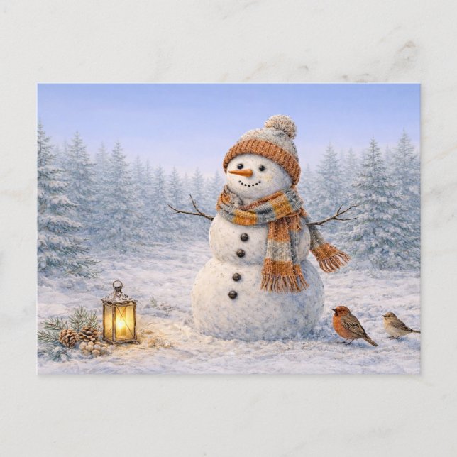 Postal Festiva Cozy Watercolor Winter Snowman with Birds (Anverso)