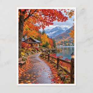 Postal Festiva Cozy Woodland Cabin Among Autumn Leaves Fall Retre