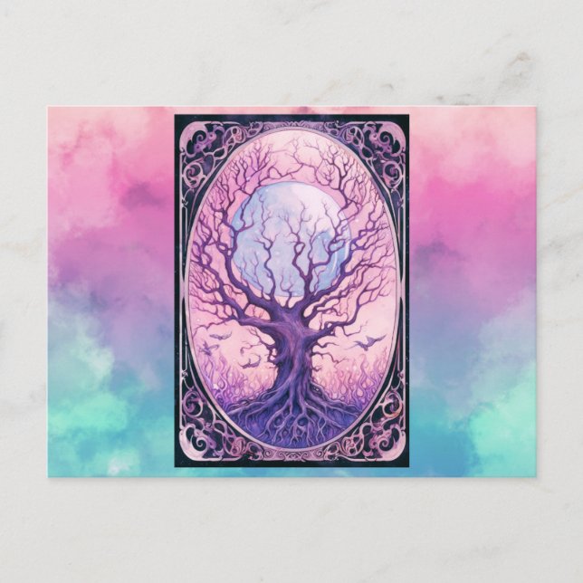 Postal Festiva Creepy Árbol estéril Halloween con humo de luna ll (Anverso)