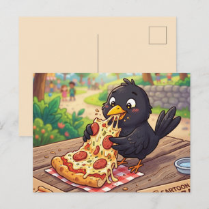 Postal Festiva Cría de mirlo negro dibujado comiendo pizza Cuervo