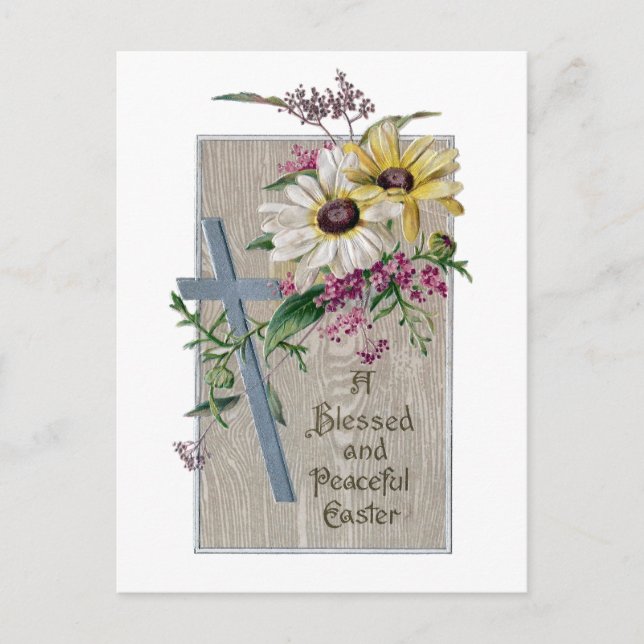 Postal Festiva Cruz de Plata y Daisies Vieja Pascua (Anverso)