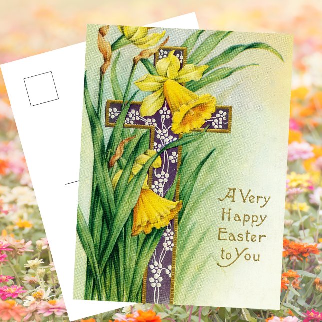 Postal Festiva Cruz Floral Católica Cristiana Jesús Feliz Pascua (Vintage Religious Christian Catholic Floral Cross Jesus Christ is Risen Happy Easter  Postcard)