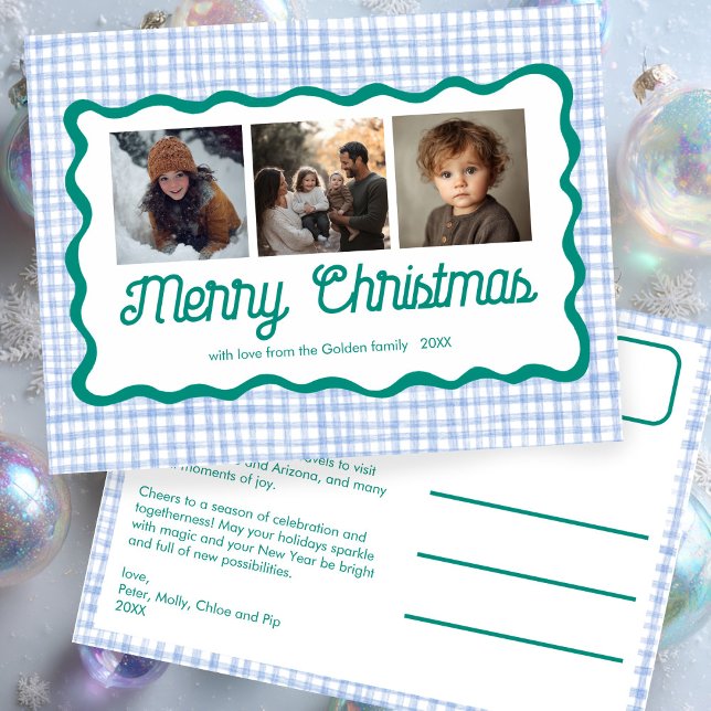 Postal Festiva Cuadro Personalizado Navideño Azul Verde Onda Ging (Gingham Wavy Blue Green Christmas Custom 3 Photo Holiday Postcard
)