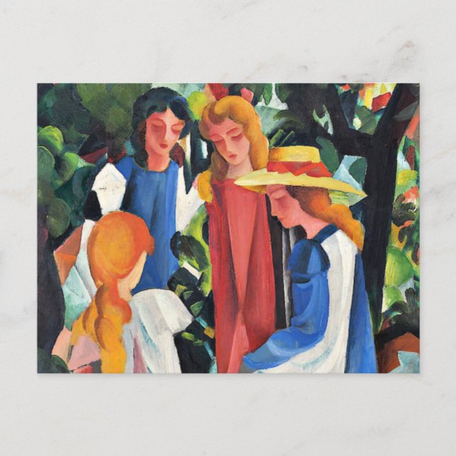 Postal Festiva Cuatro Chicas, pintura colorida de August Macke (Anverso)