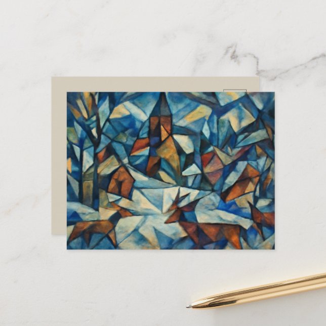 Postal Festiva Cubist Expressionist Winter Village Postcard (Anverso/Reverso In Situ)