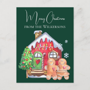 Postal Festiva Cuidada acuarela Gingerbread People on Green