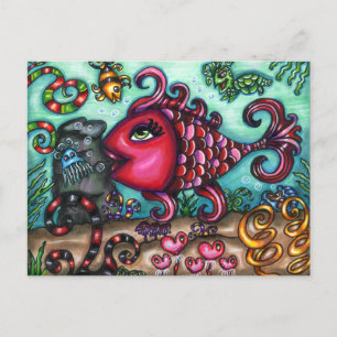 Postal Festiva Cuidada Pescado Whimsical Sealife Arte Original