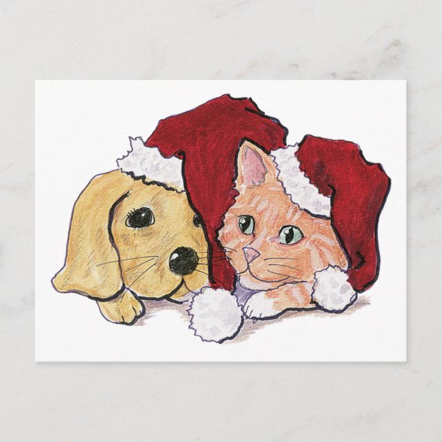 Postal Festiva Cuidados Navidades Labrador Puppy y Naranja Tabby (Anverso)