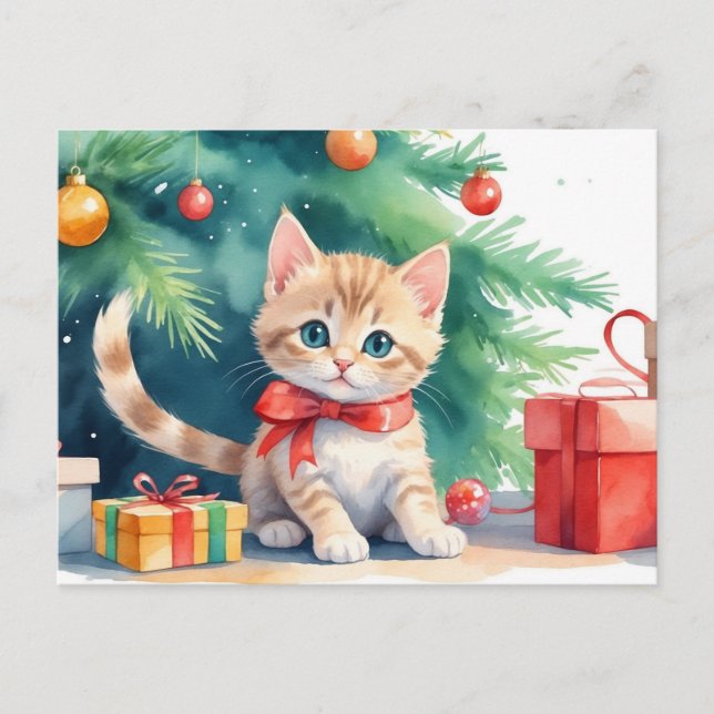 Postal Festiva Cuidados Navidades Naranja de acuarela Tabby Kitte (Anverso)
