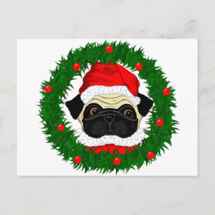 Postal Festiva Cuidados Navidades pug Santa en guirnalda