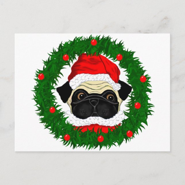 Postal Festiva Cuidados Navidades pug Santa en guirnalda (Anverso)