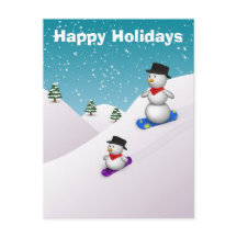 Cuidados Snowboarding Snowmen Happy Holiday Postca