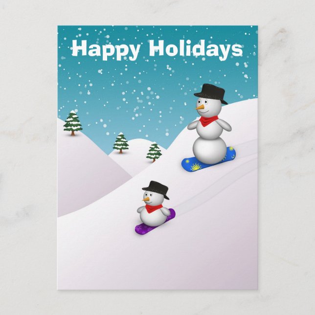 Postal Festiva Cuidados Snowboarding Snowmen Happy Holiday Postca (Anverso)
