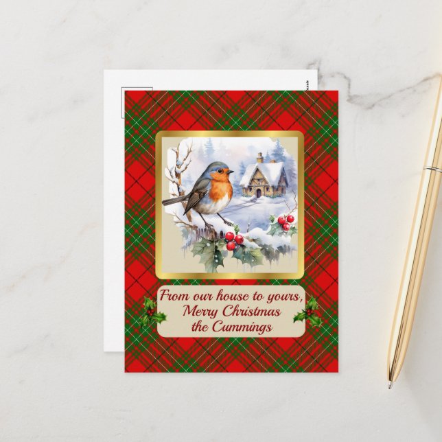 Postal Festiva Cumming Tartan con Robin Personalizado   (Anverso/Reverso In Situ)