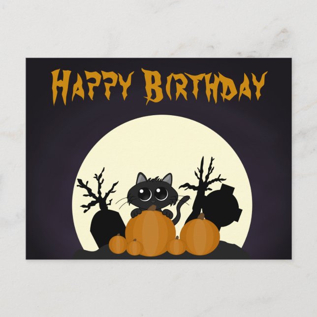 Postal Festiva Cumpleaños de Halloween Cañón Negro de gatos calab (Anverso)