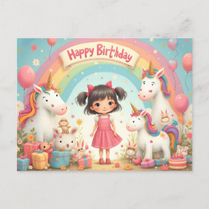 Postal Festiva Cumpleaños de niña con unicornios y arcoíris