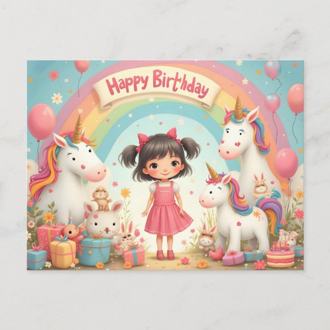 Postal Festiva Cumpleaños de niña con unicornios y arcoíris (Anverso)
