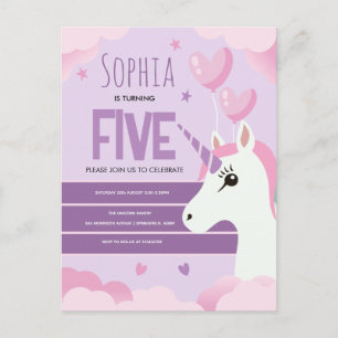 Postal Festiva Cumpleaños de niñas Unicornio Morado Lindo Niños