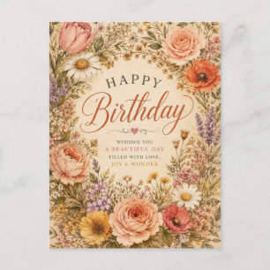 Postal Festiva Cumpleaños Floral Retro Personalizado con flores