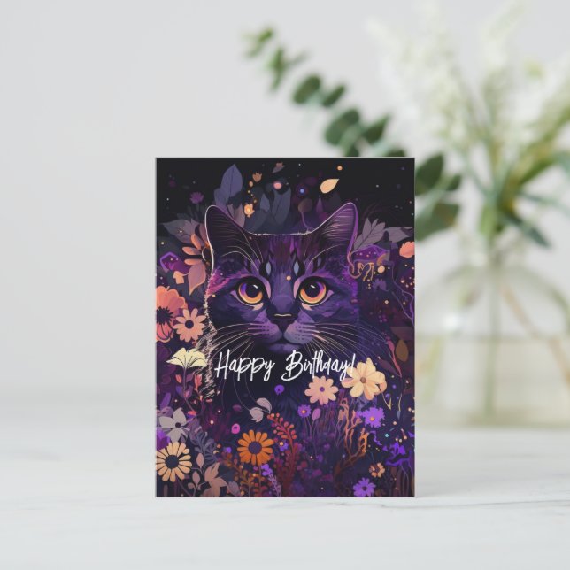 Postal Festiva Cumpleaños Gato Morado Floral (Anverso de pie)