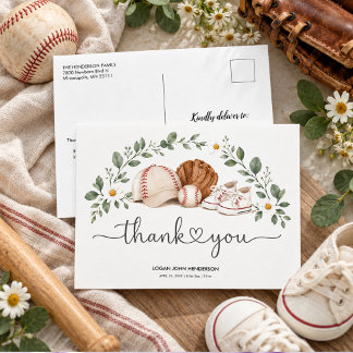 Postal Festiva Cumpleaños primero de béisbol con acuarela vintage