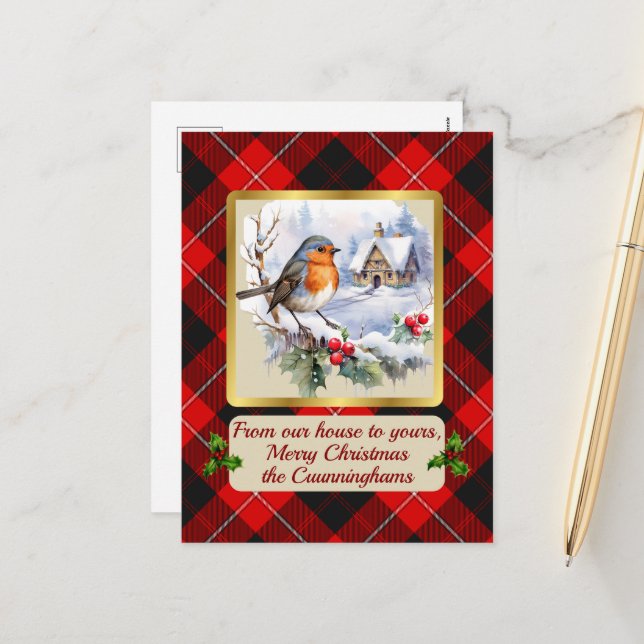 Postal Festiva Cunningham Tartan con Robin Personalizado   (Anverso/Reverso In Situ)