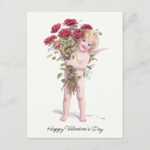 Postal Festiva Cupido y sonriente Valentine Cupido con Rosas