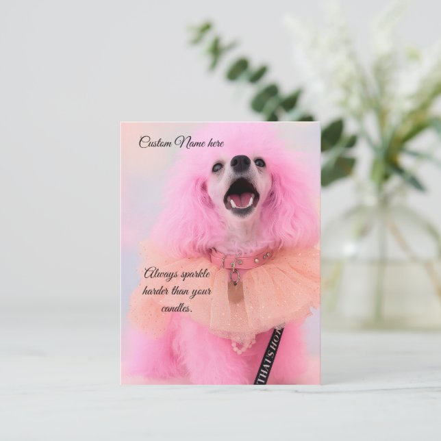 Postal Festiva Custom Birthday Card, Pink Toy Poodle, Mozzarella (Anverso de pie)