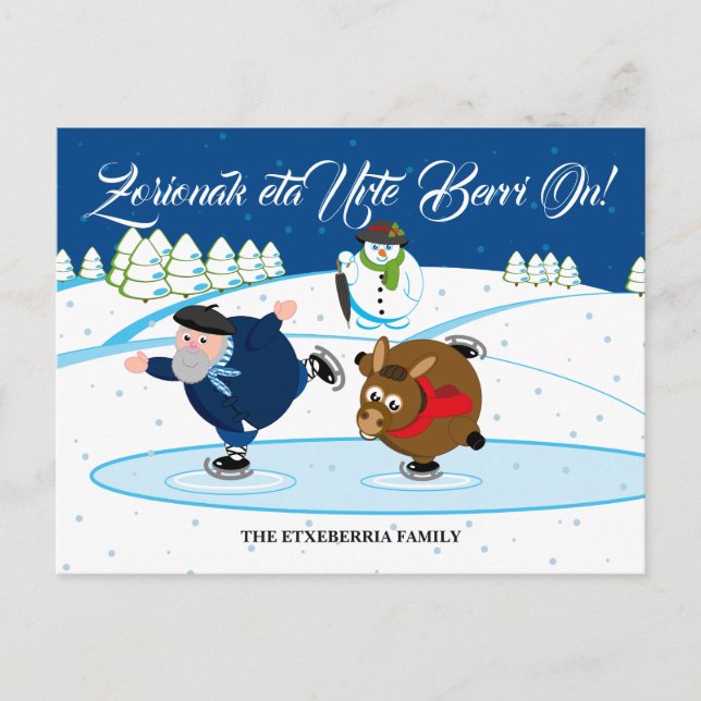 Postal Festiva Custom Christmas scene, Olentzero ice skating, (Anverso)