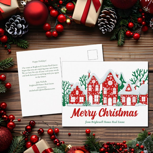Postal Festiva Custom Real Estate Company Merry Christmas Houses (Subido por el creador)