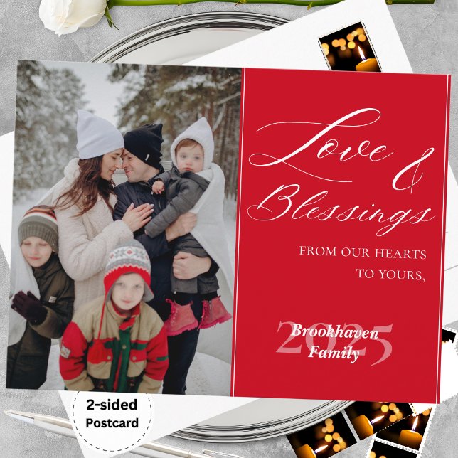 Postal Festiva Customized Family Name 1 Photo Year Elegant Script (Custom Family 1 Photo Elegant Script Holiday Post Card)