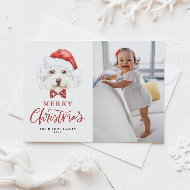 Postal Festiva Cuta acuarela Santa Maltese Dog Photo Navidades (Subido por el creador)