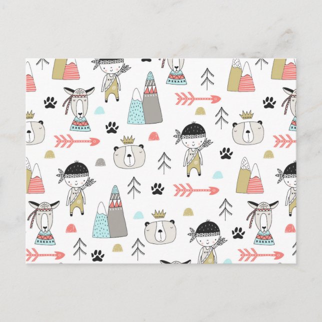 Postal Festiva Cute animales de bosque y patrón de chico indio (Anverso)