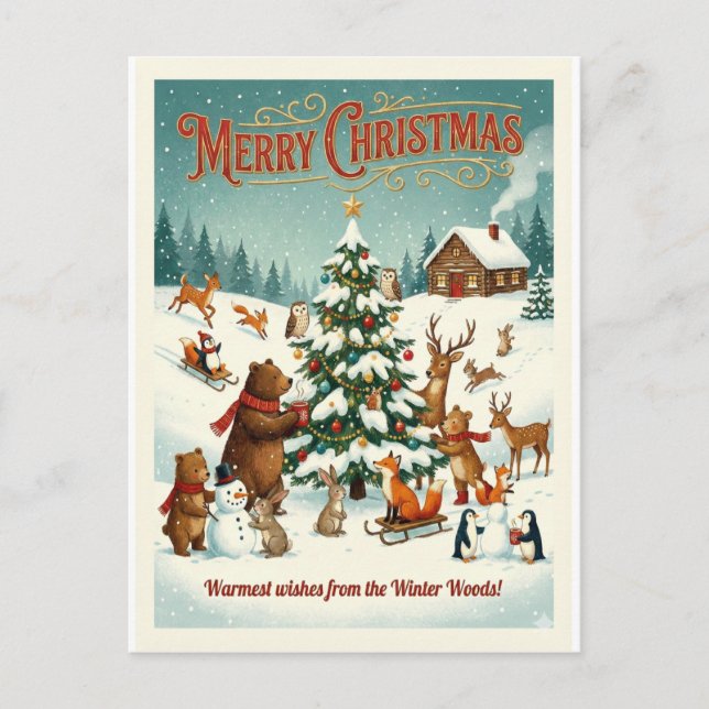 Postal Festiva  Cute Animals Celebrating Christmas in Snow (Anverso)