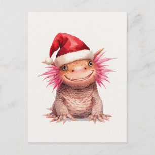 Postal Festiva Cute Axolotl con sombrero de Santa acuarela
